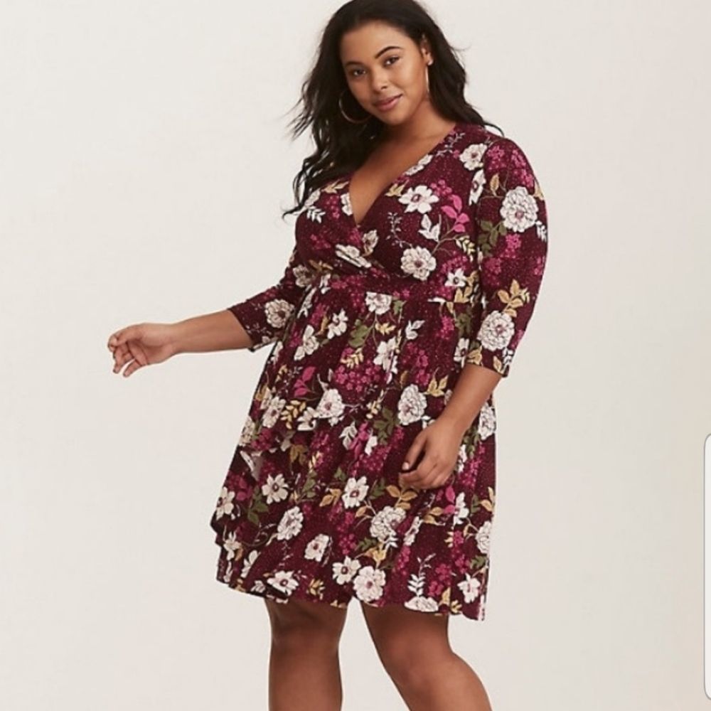 TORRID Fuschia Pink Floral‎ Side-Draped 3/4 Sleeve Dress Size 2 (2X) #011